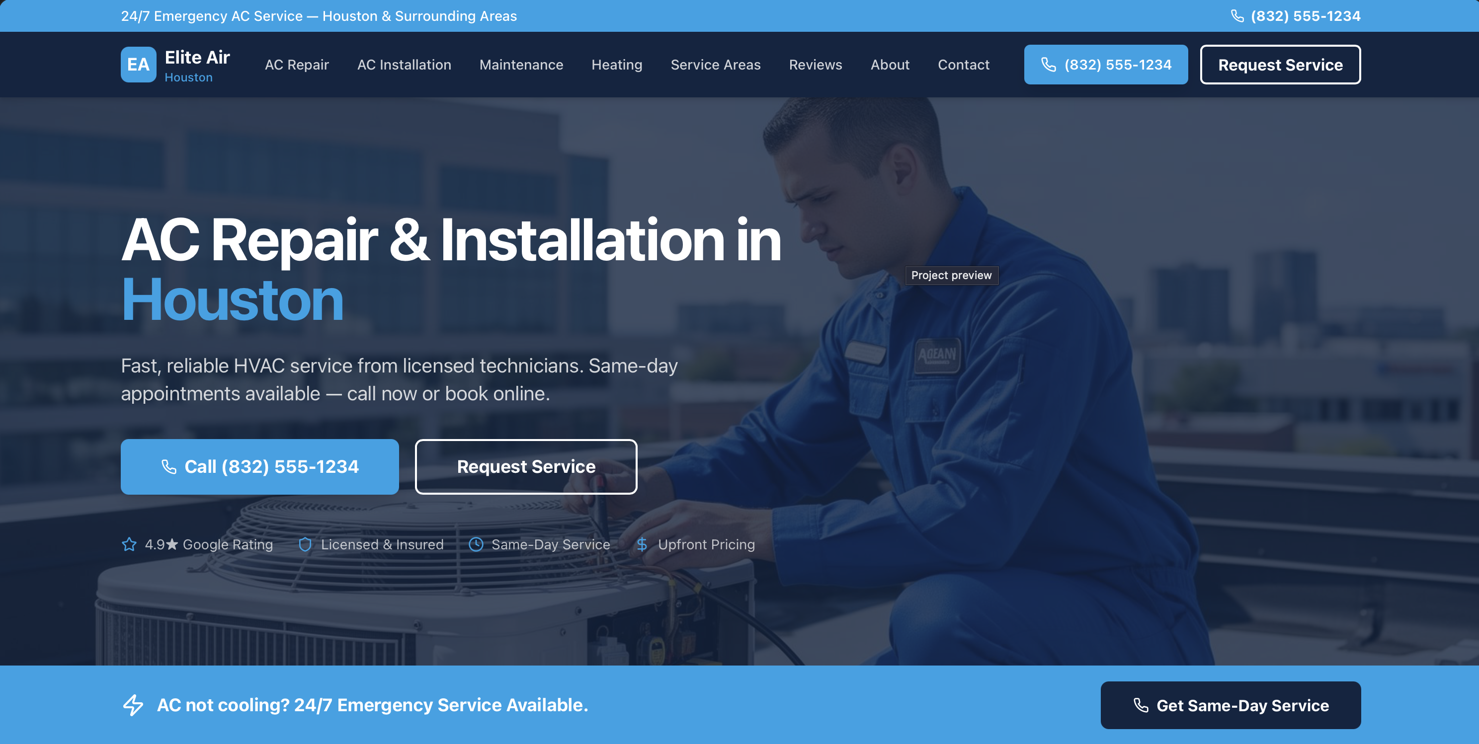 Custom HVAC company website built by RightFrame for a Houston home service business