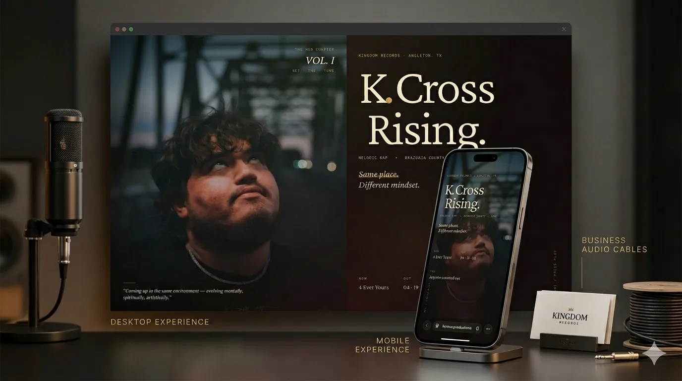 K-Cross artist website built by RightFrame, shown on desktop and mobile