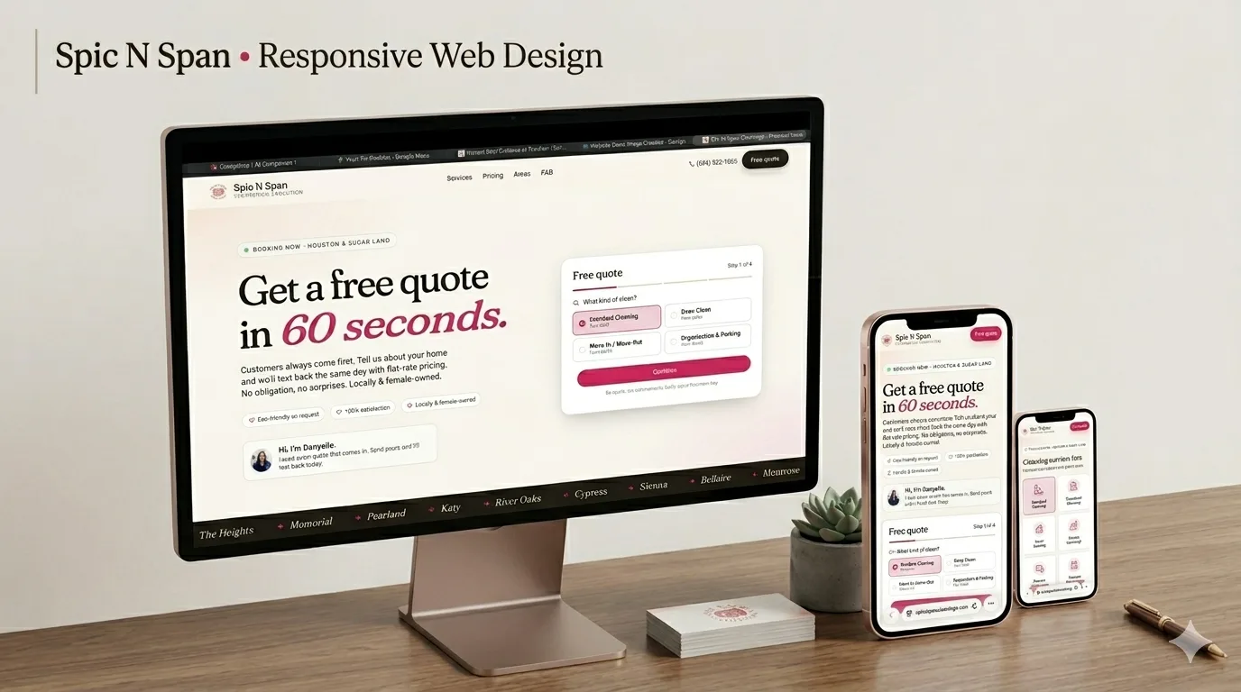 Spic n Span Cleanings residential cleaning website built by RightFrame, shown on desktop and mobile