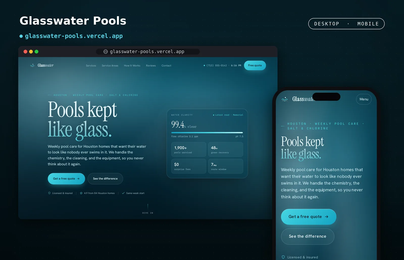 Glasswater Pools Houston pool-cleaning demo by RightFrame, shown on desktop and mobile