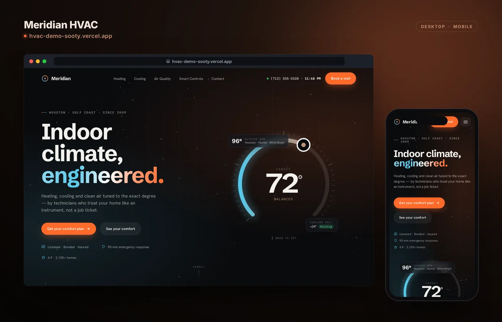 Meridian HVAC Houston heating and cooling demo by RightFrame, shown on desktop and mobile