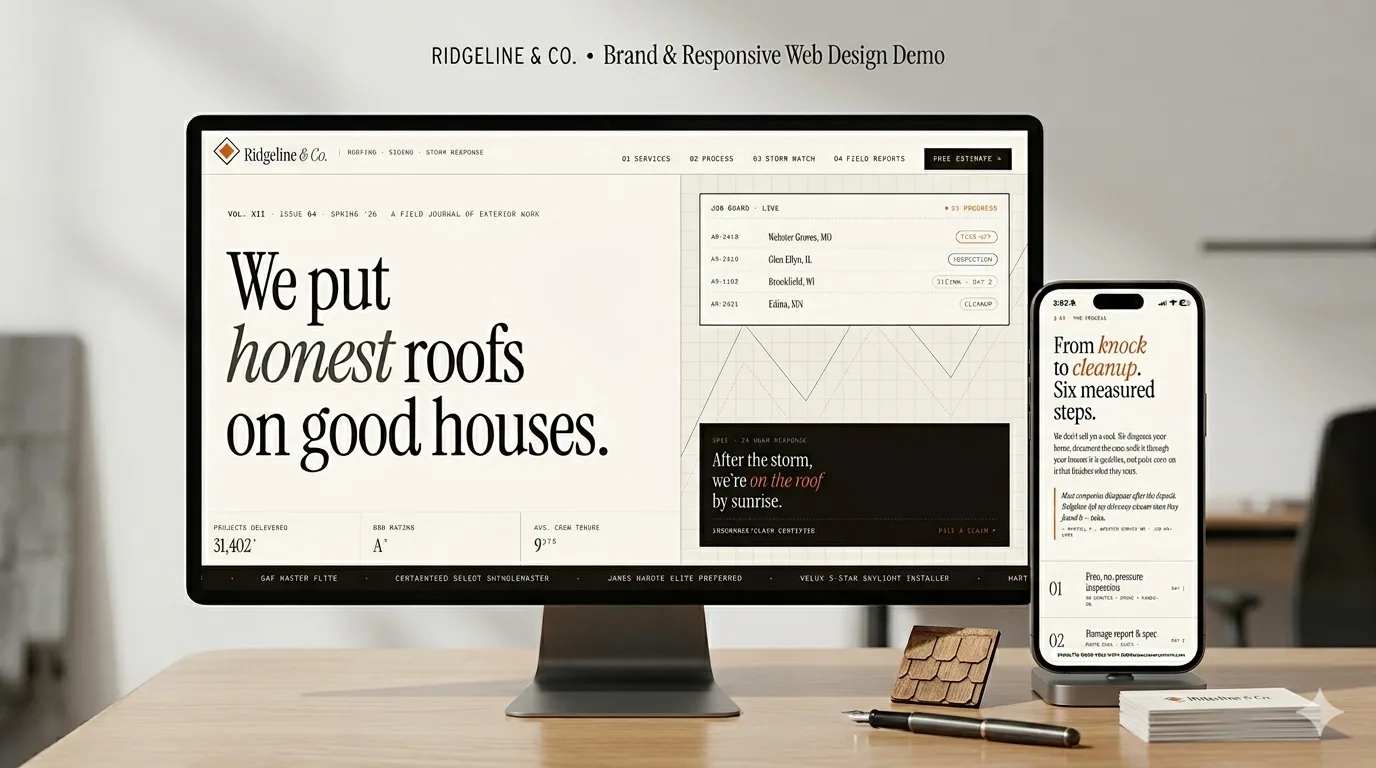 Ridgeline & Co. roofing website demo by RightFrame, shown on desktop and mobile