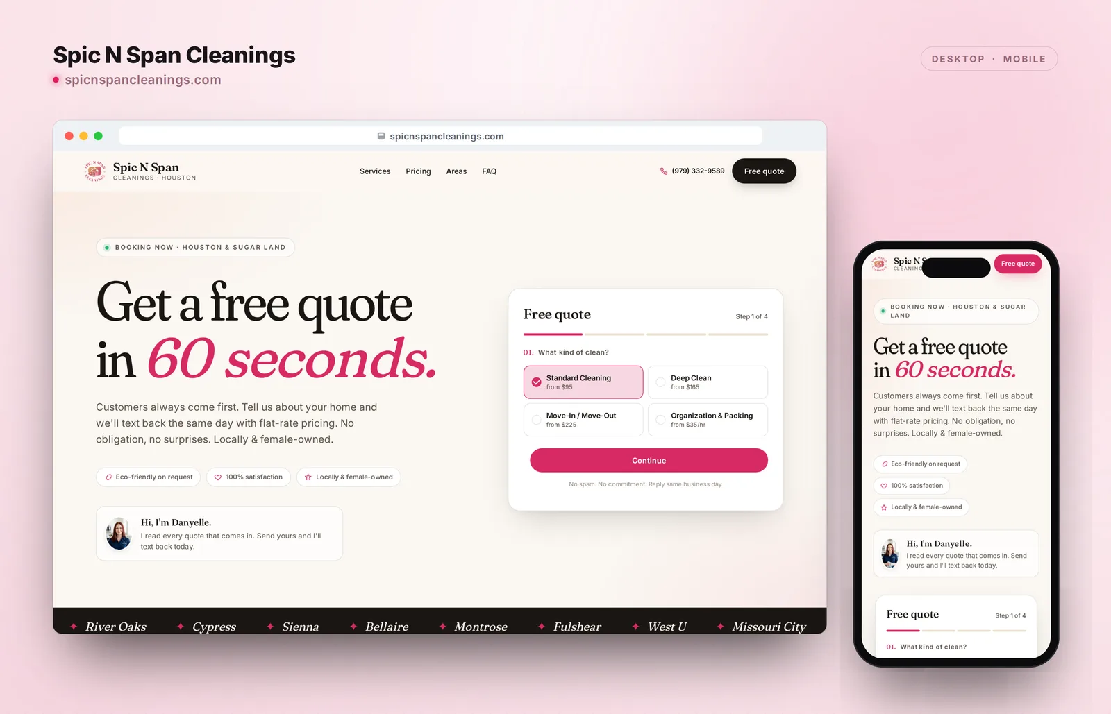 Spic n Span Cleanings Houston residential cleaning website by RightFrame, shown on desktop and mobile