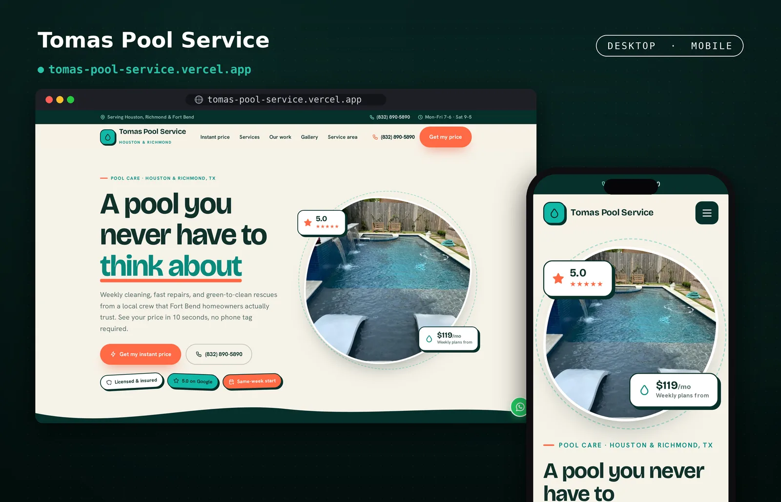 Tomas Pool Service Houston and Richmond pool-service redesign by RightFrame, shown on desktop and mobile